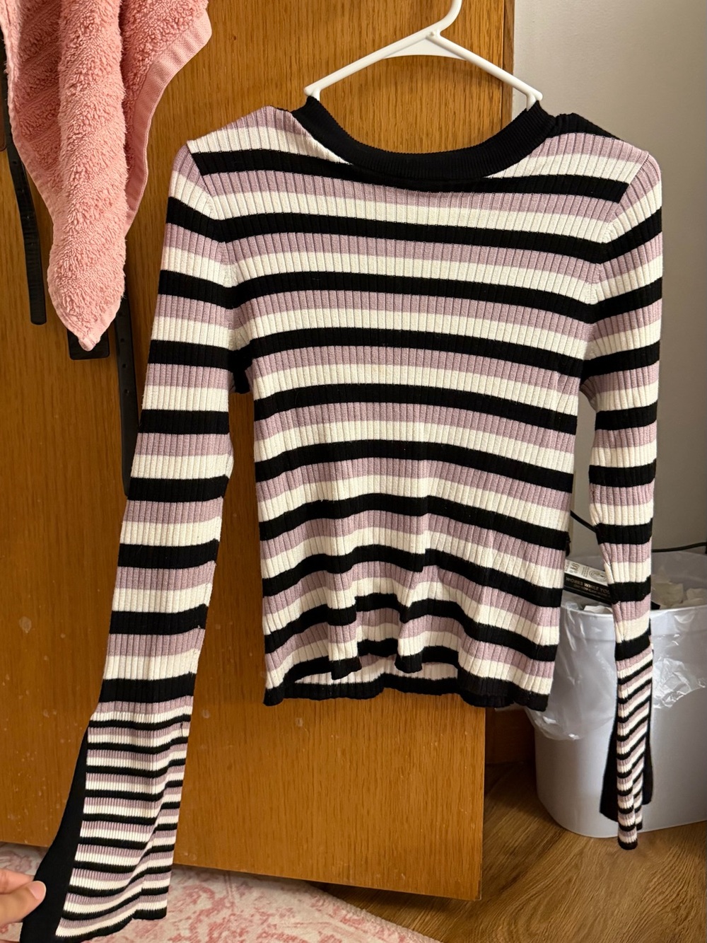 POPSUGAR Striped Ribbed Long-Sleeve Top - Black, Cream & Light Purple